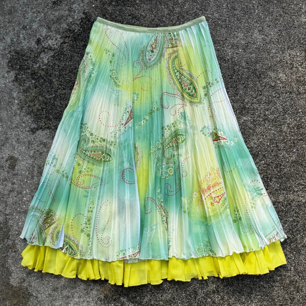 Y2K Green Paisley Kiska by Komarov Pleated fairy Midi Skirt Size S